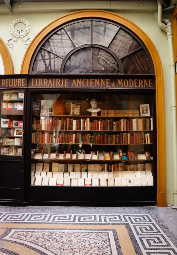 Antique bookstore in a covered Paris passage with vintage books and mosaic floor