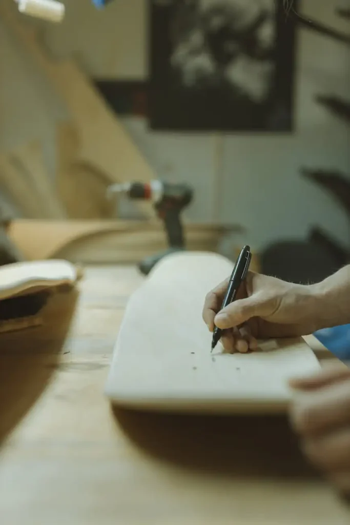 Luxury French artisan sketching custom woodwork in a workshop