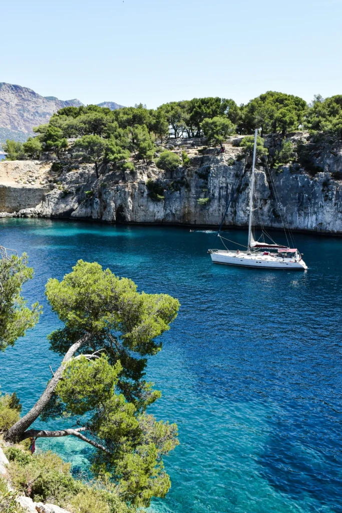 Luxury yacht anchored in the turquoise waters of the Calanques near Cassis, South of France
