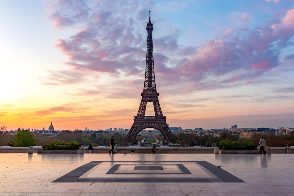 Eiffel Tower at sunrise seen from Trocadéro with colorful sky in Paris