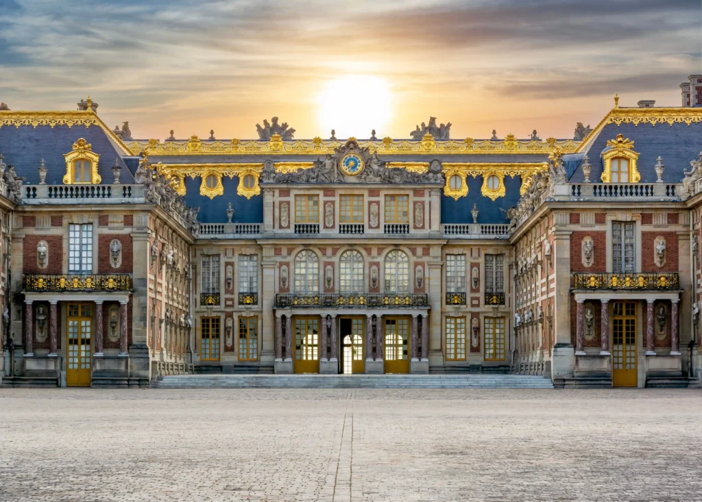 Sunrise over the Palace of Versailles with golden roof and symmetrical courtyard