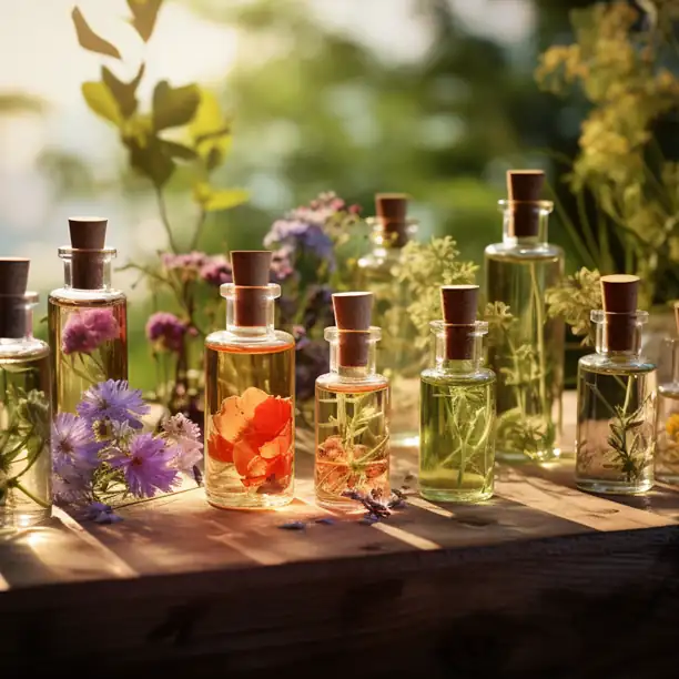 Glass vials with floral essential oils arranged outdoors in sunlight
