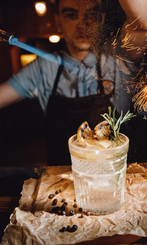 French bartender preparing a signature cocktail with fire and herbs