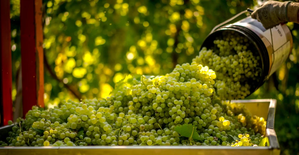 Close-up of freshly harvested vineyard grapes in France