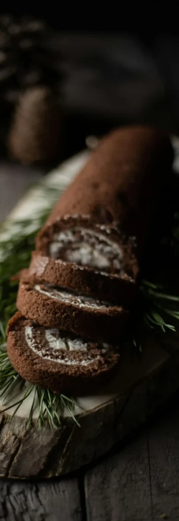 Traditional Bûche de Noël chocolate dessert on a rustic holiday table