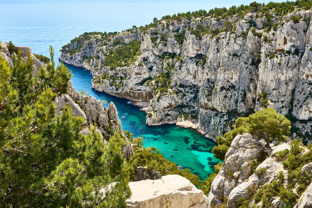 Turquoise waters and limestone cliffs in the Calanques near Cassis