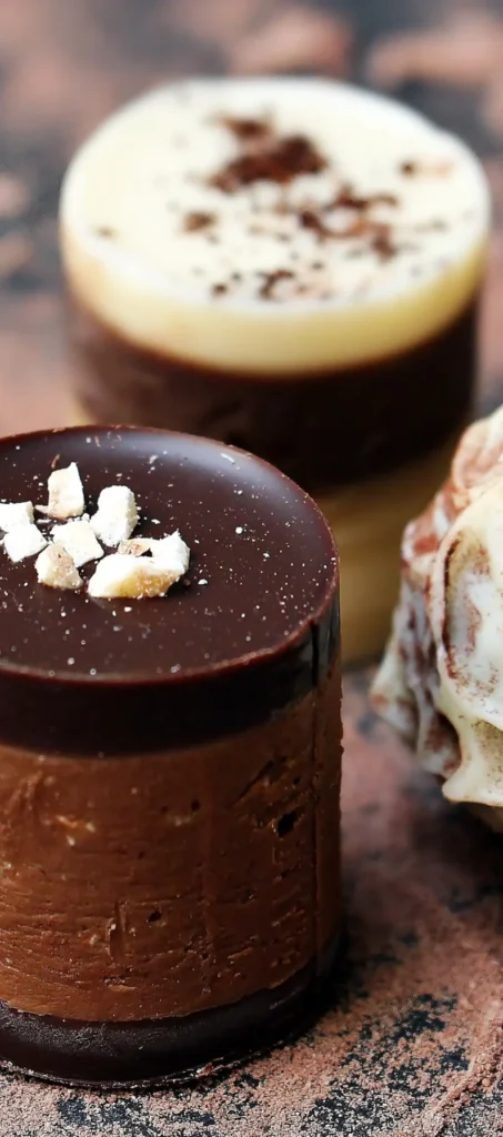 Refined chocolate dessert with elegant topping on a textured background