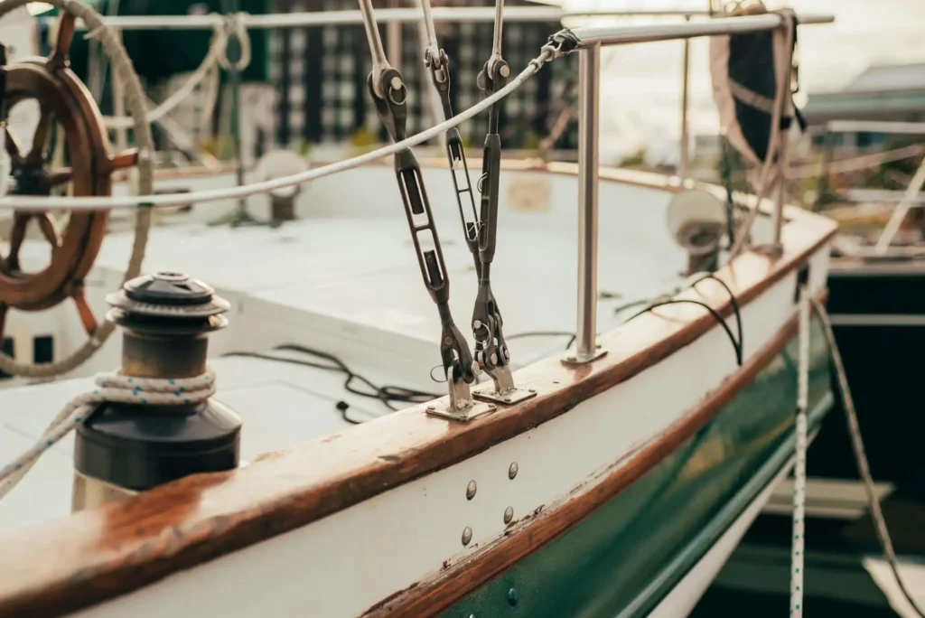 Detail of a luxury sailing boat moored at a French port