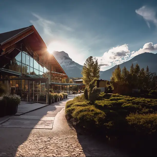 Elegant eco-lodge nestled in the French mountains at sunset