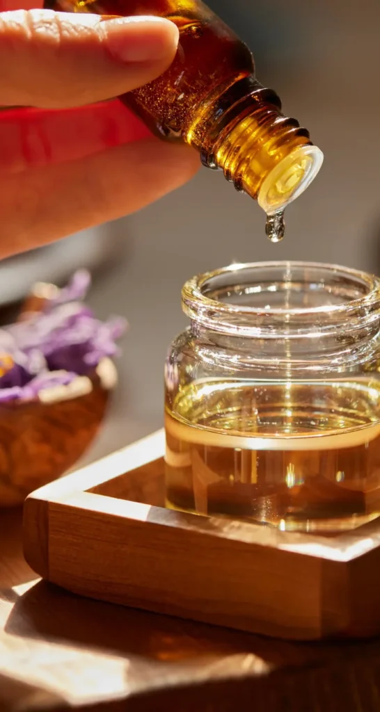 Golden essential oil being poured into a glass jar during a ritual