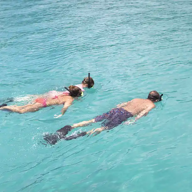 Parents and child snorkeling in crystal-clear blue waters