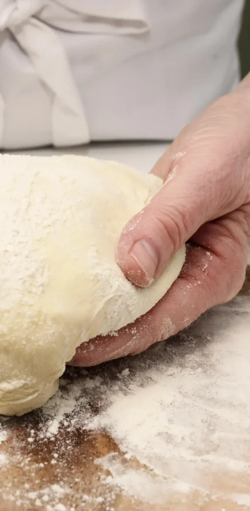Chef kneading fresh dough on a flour-covered surface