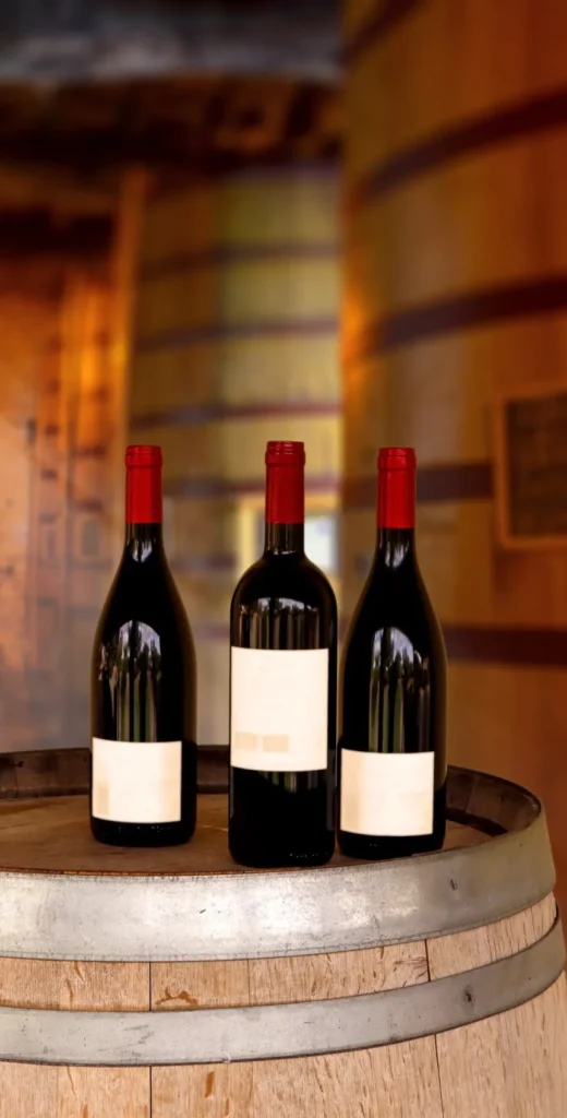 Selection of French wine bottles displayed on a wooden barrel in a cellar