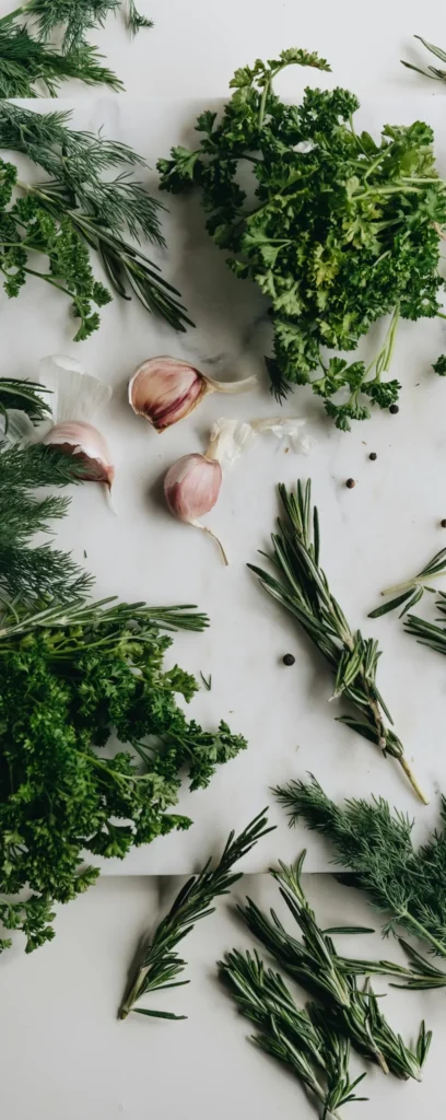 Sprigs of rosemary and parsley on a white marble kitchen counter
