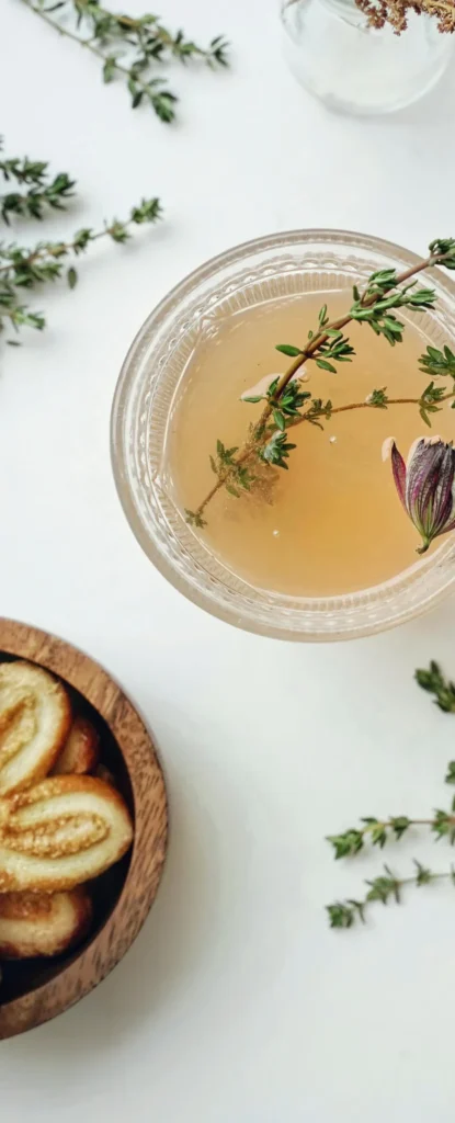 Glass teacup with wild herbs and flowers in natural light