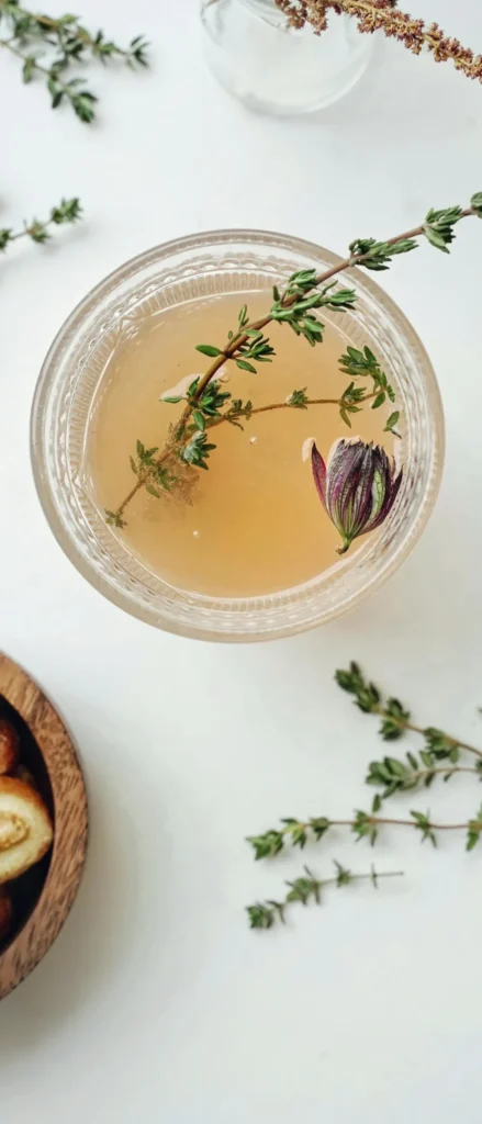 Glass teacup with wild herbs and flowers in natural light