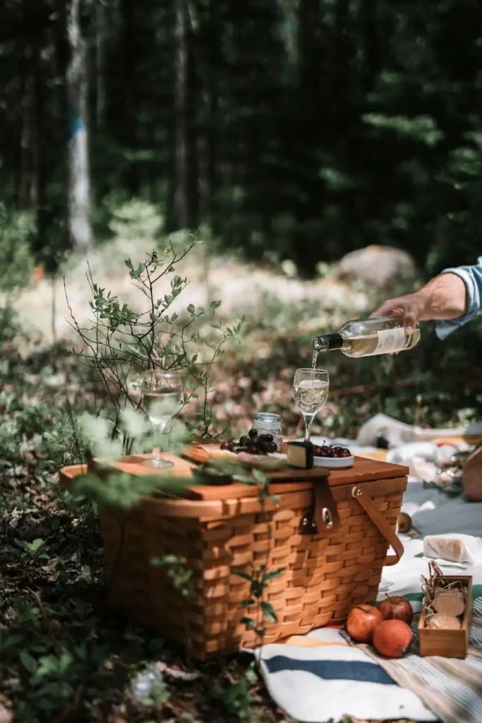 Elegant outdoor picnic in a pine forest with artisanal products