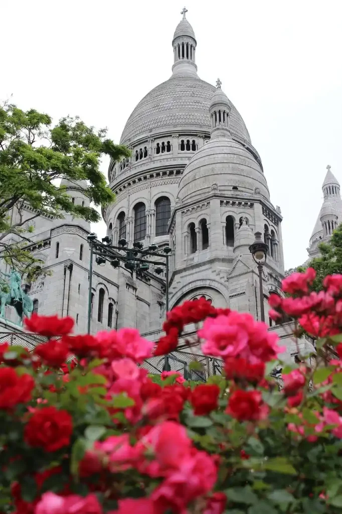 Sacré-Cœur Basilica in Montmartre, Paris with blooming pink roses, iconic French architecture