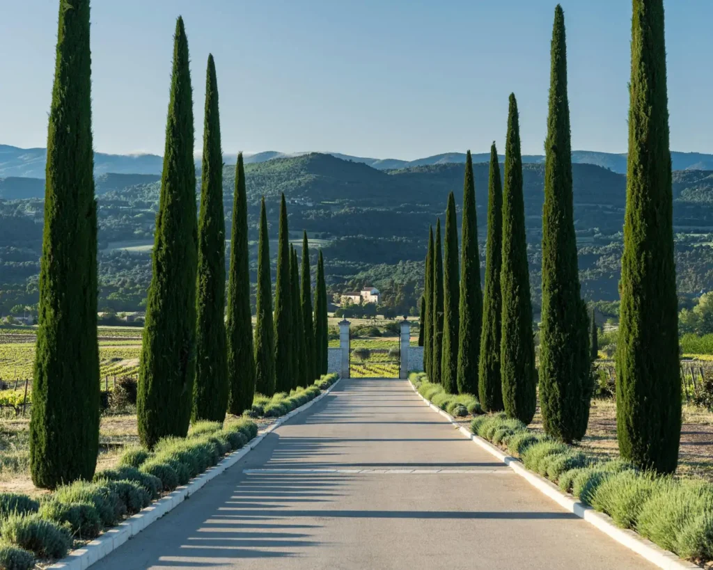 Tree-lined road leading through a vineyard in Provence