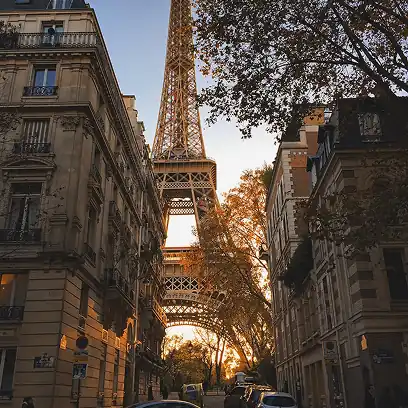 Romantic suite balcony with Eiffel Tower view at sunset