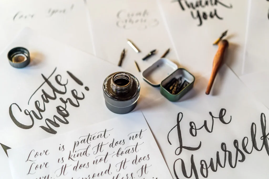 Artistic perfume display in a Parisian atelier with handwritten notes