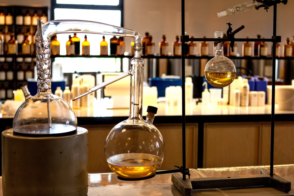 Glass perfume distillation flask in Grasse, France
