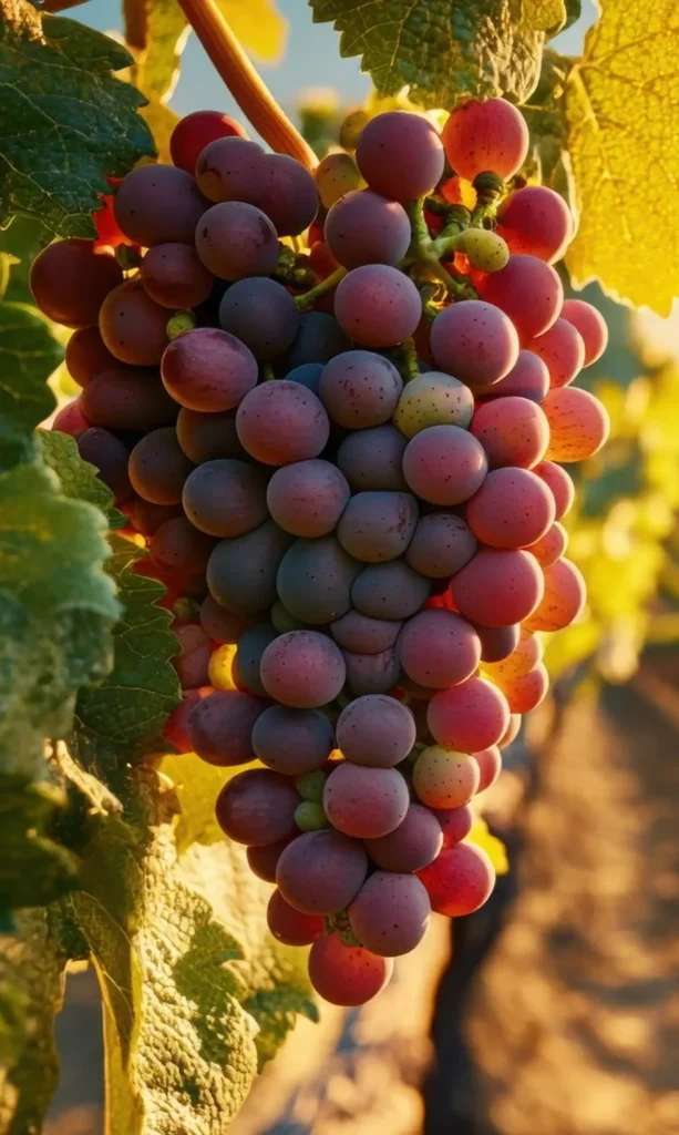Close-up of sunlit grape clusters in a French vineyard at harvest time