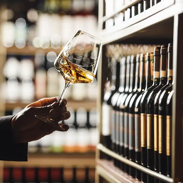 Wine glass and bottles in luxury pairing experience