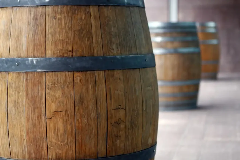 Oak wine barrel in a French vineyard cellar