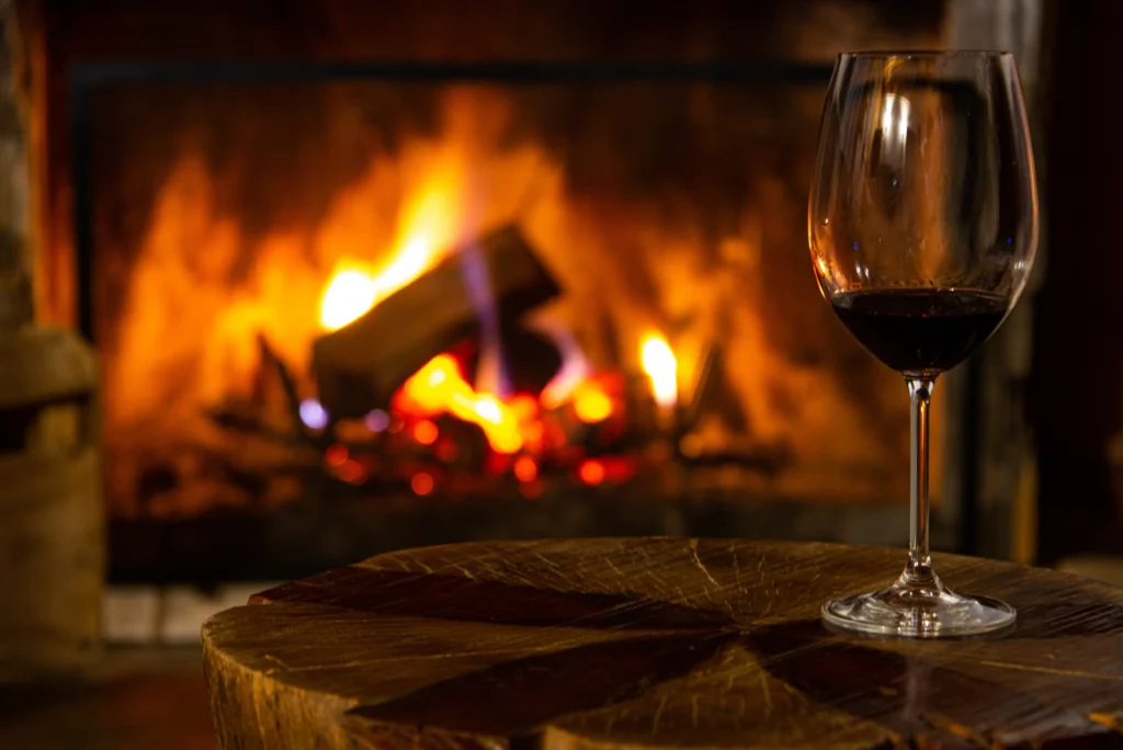 Crackling fireplace flame creating a cozy winter ambiance