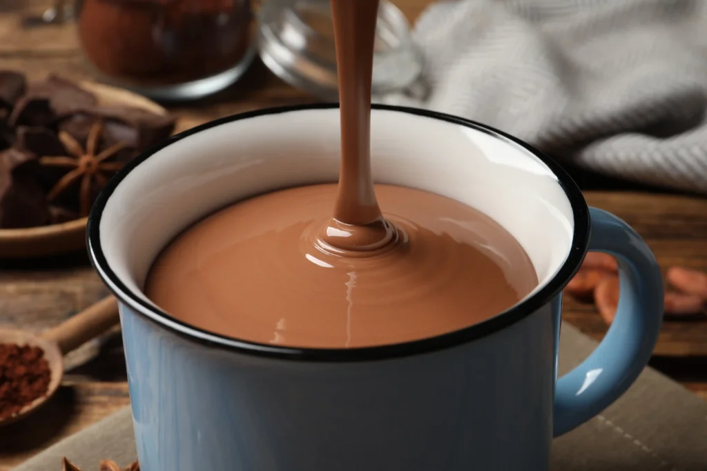 Pouring thick hot chocolate into a white cup