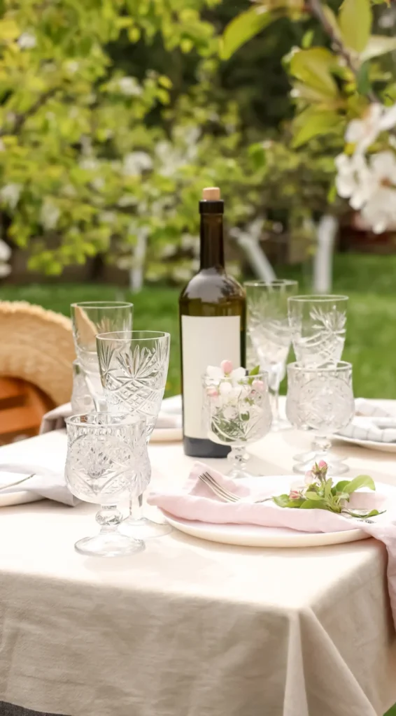 Chic outdoor dining table set under blooming trees with wine and crystal glasses