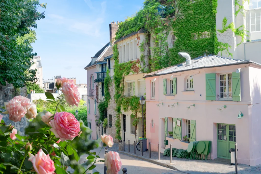Charmante maison rose aux rosiers en fleurs à Montmartre, Paris