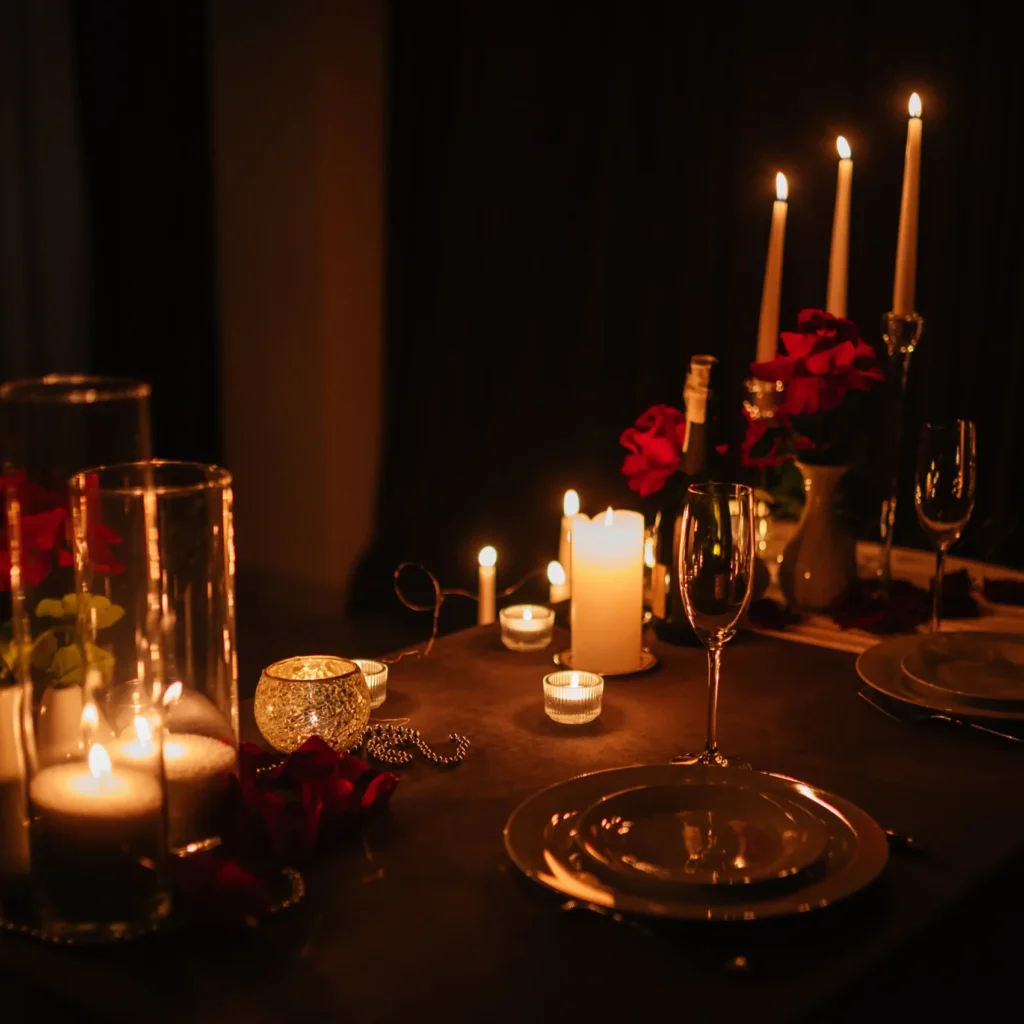 Elegant candlelit dinner table set for two with roses and crystal glassware
