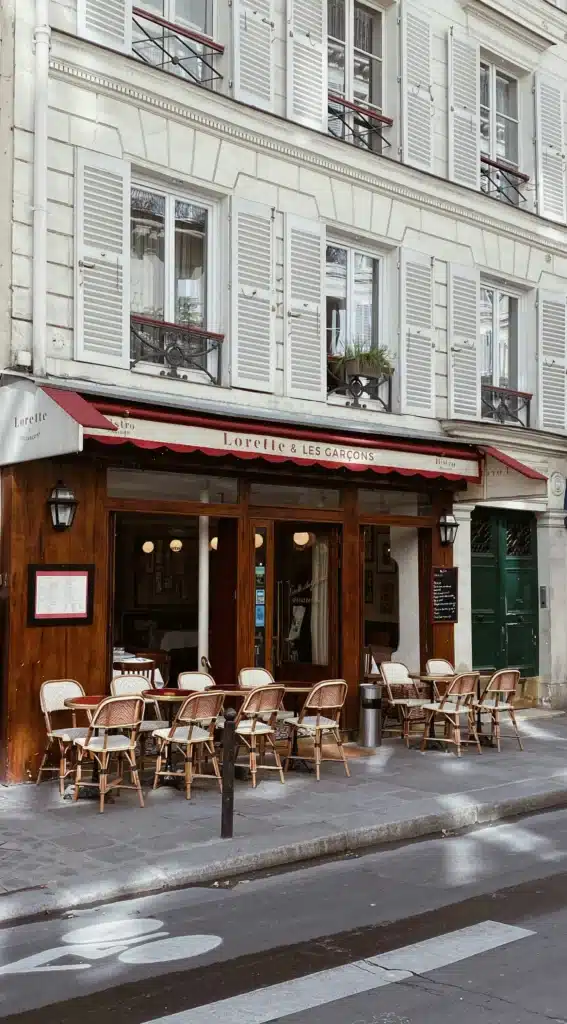 Charmant café parisien avec terrasse extérieure sur une rue haussmannienne