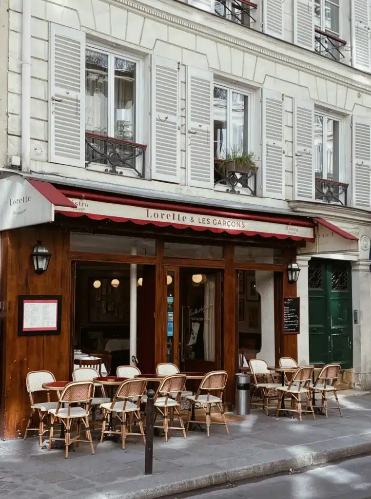 Charming Parisian cafe with outdoor terrace seating on a Haussmann street