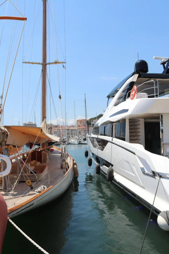 Luxury superyachts docked side by side in the sunny Saint-Tropez marina, French Riviera during Les Voiles de Saint Tropez 2025
