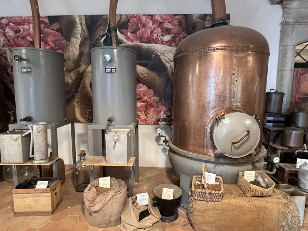 Traditional copper distillery equipment used for artisan perfume making in Grasse workshop