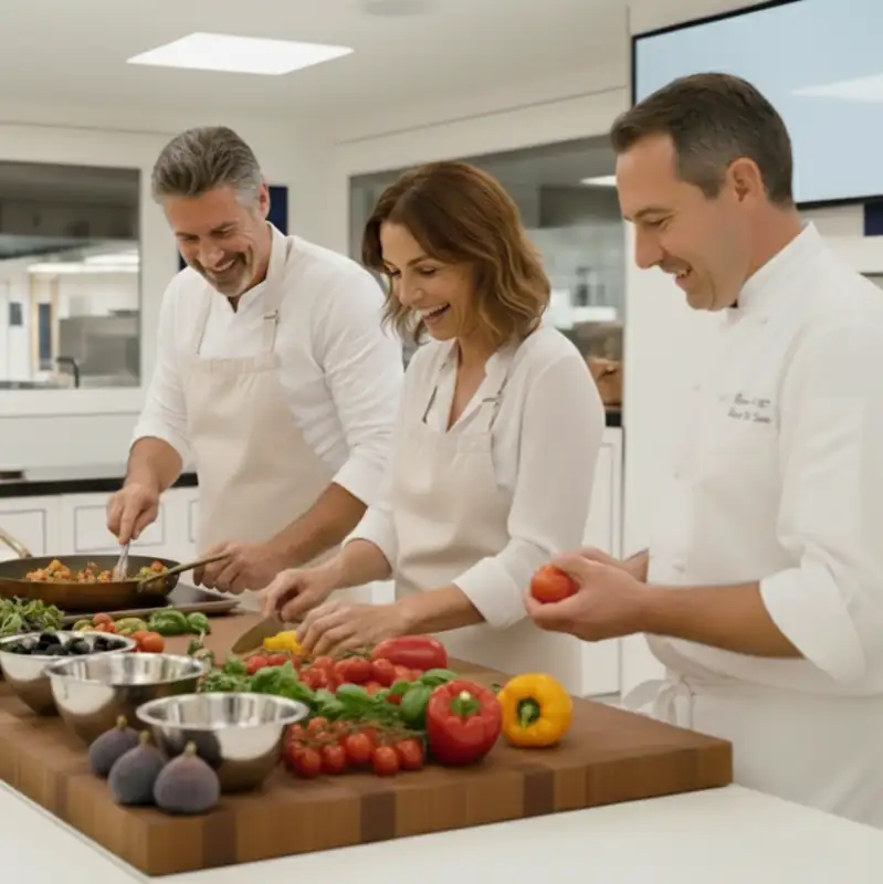 Honeymoon couple learning French cuisine with private chef in luxury kitchen