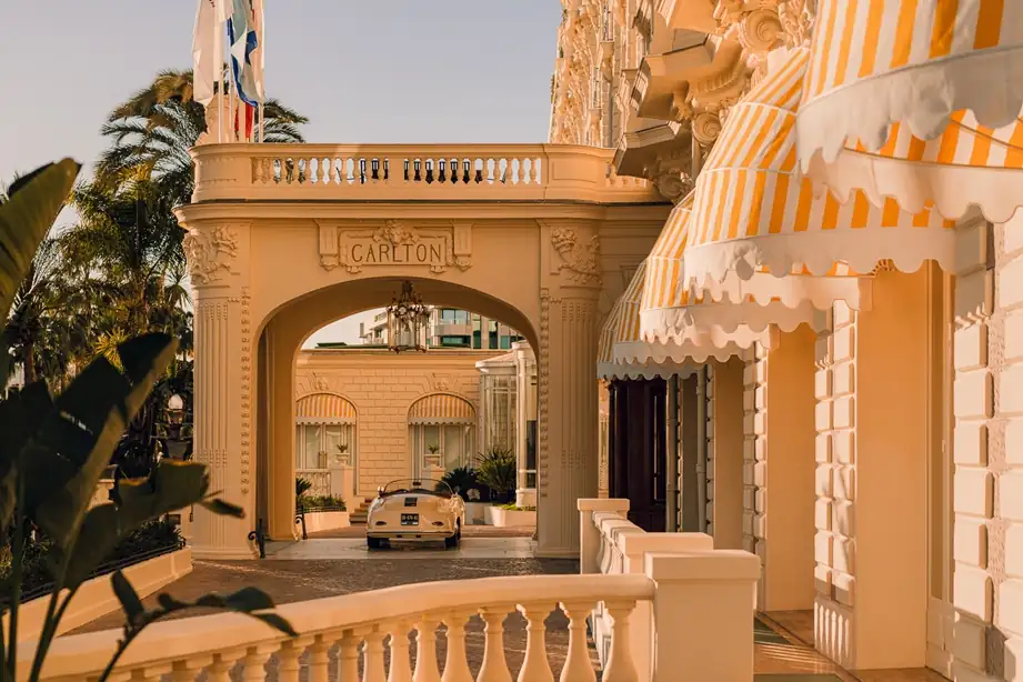 Grand entrance porch of the Carlton Cannes hotel on the French Riviera