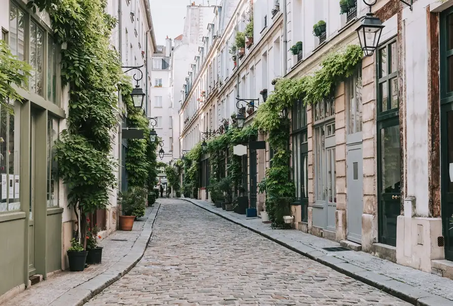 Quiet cobblestone street in Paris with elegant Haussmann buildings and ivy-covered facades