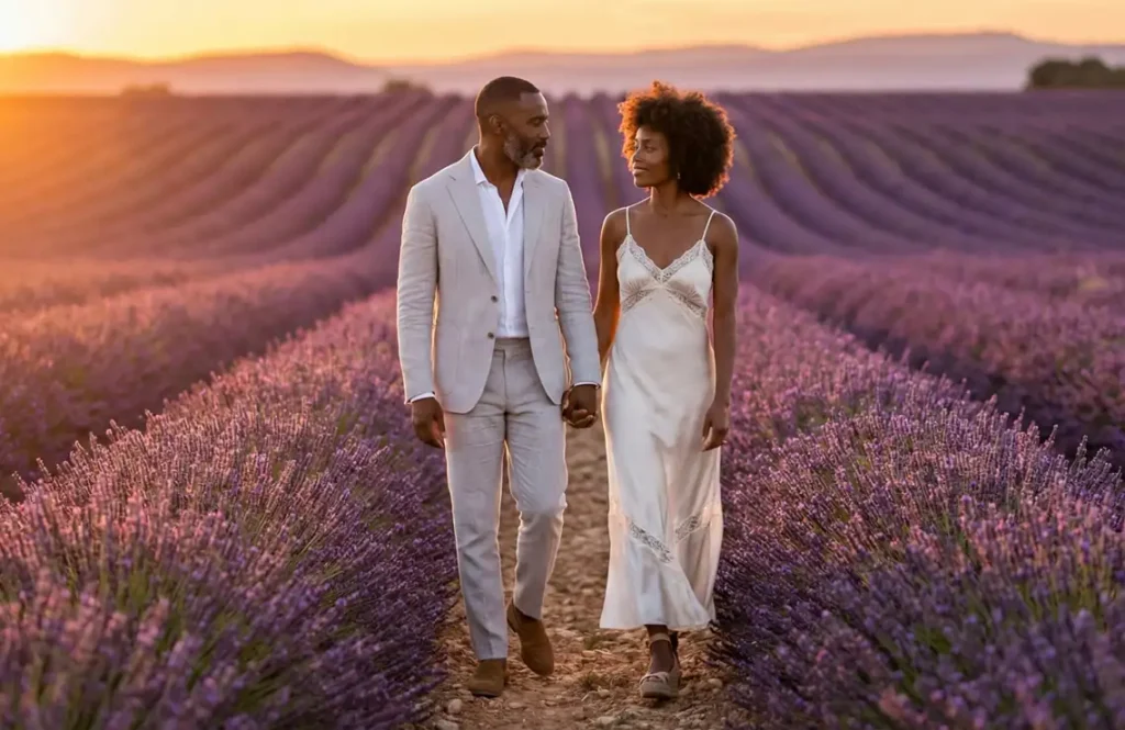 Elegant couple walking hand-in-hand through blooming lavender fields in Provence at sunset