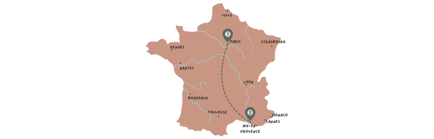 Custom France travel itinerary map showing luxury destinations from Paris to Provence and major French cities