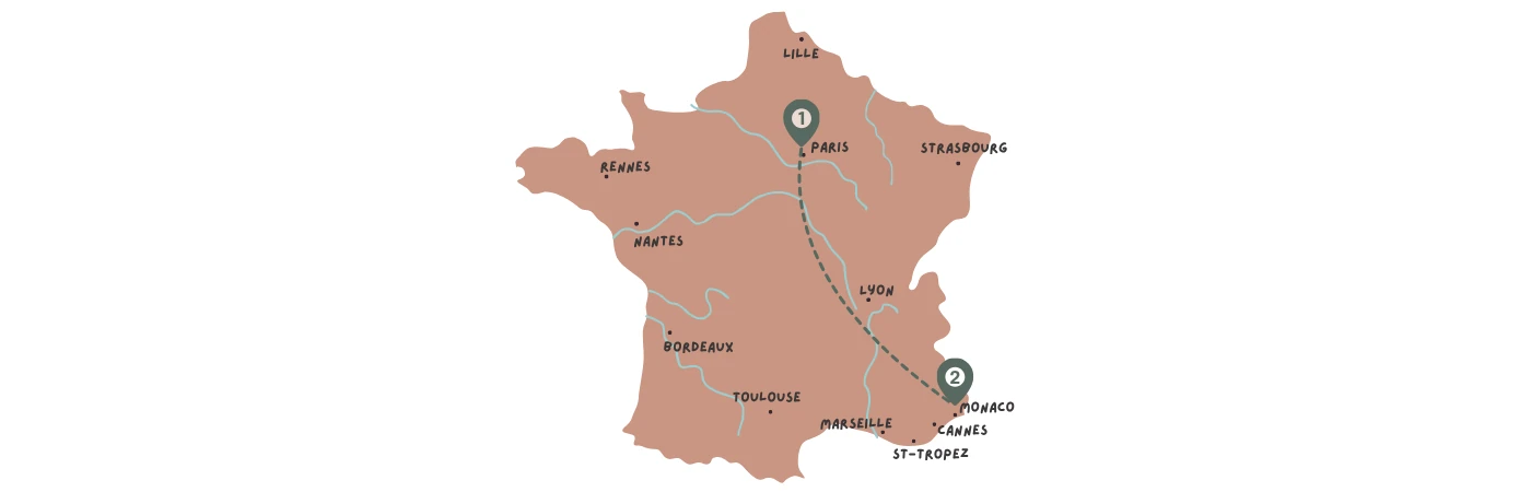 Custom France luxury travel itinerary map showing Paris and French Riviera