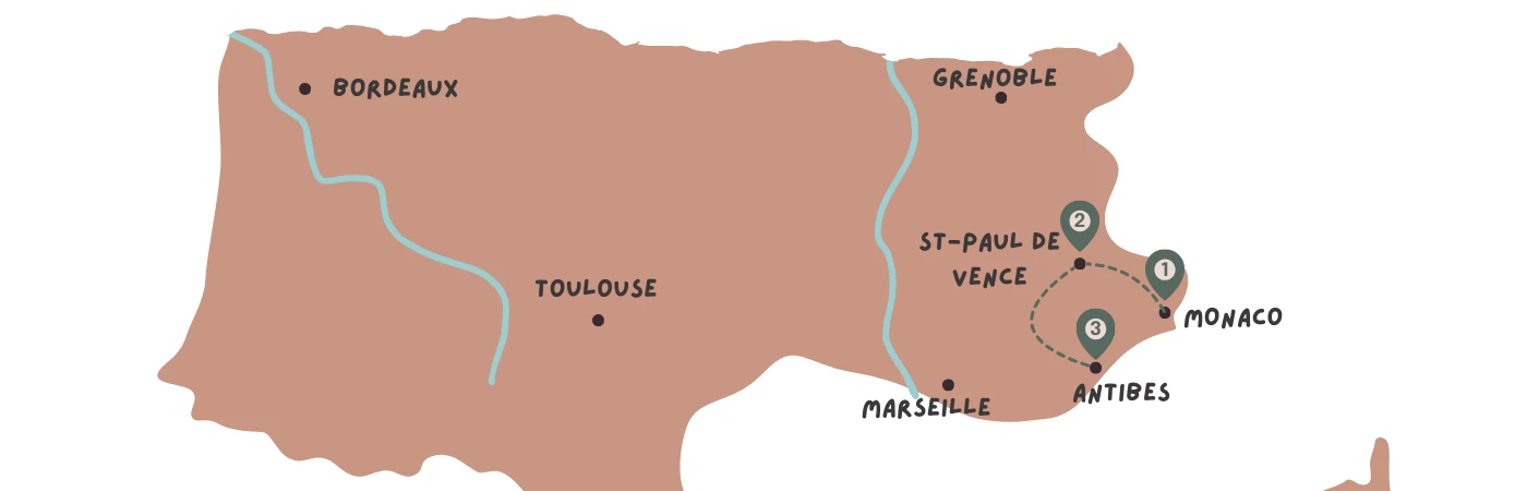 French Riviera travel itinerary map showing Monaco Antibes Saint-Paul-de-Vence and Provence route