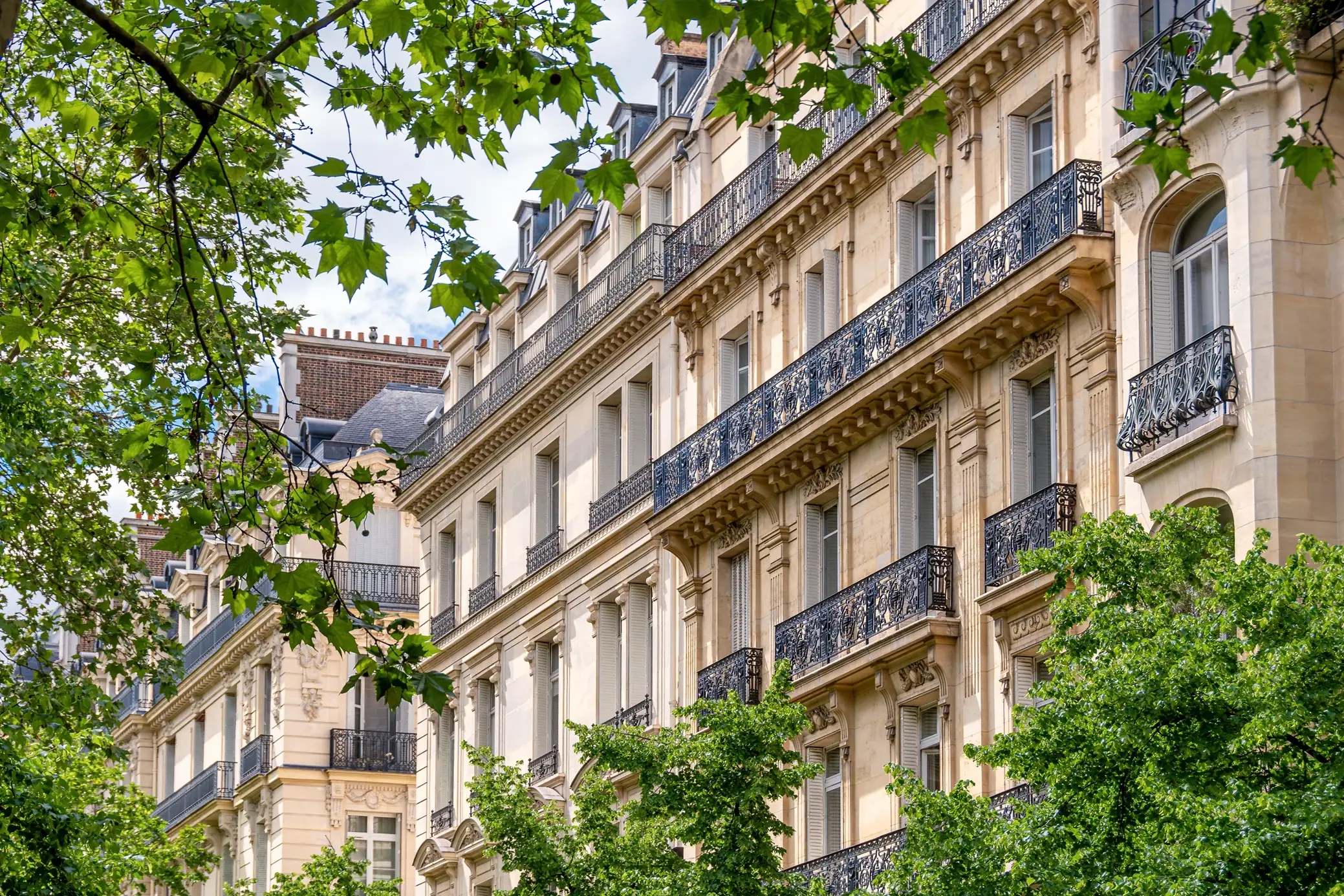 Elegant Haussmann-style apartment buildings with classic Parisian architecture and lush green trees
