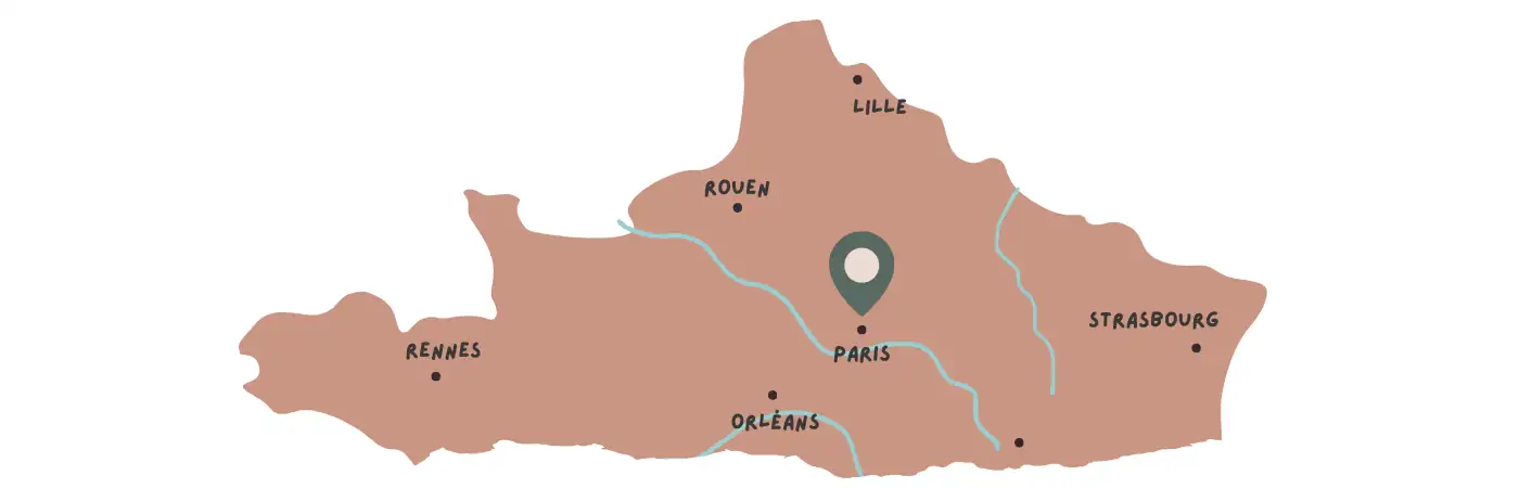 Illustrated map of northern France highlighting Paris with surrounding cities Lille Rouen Strasbourg Rennes and Orleans.