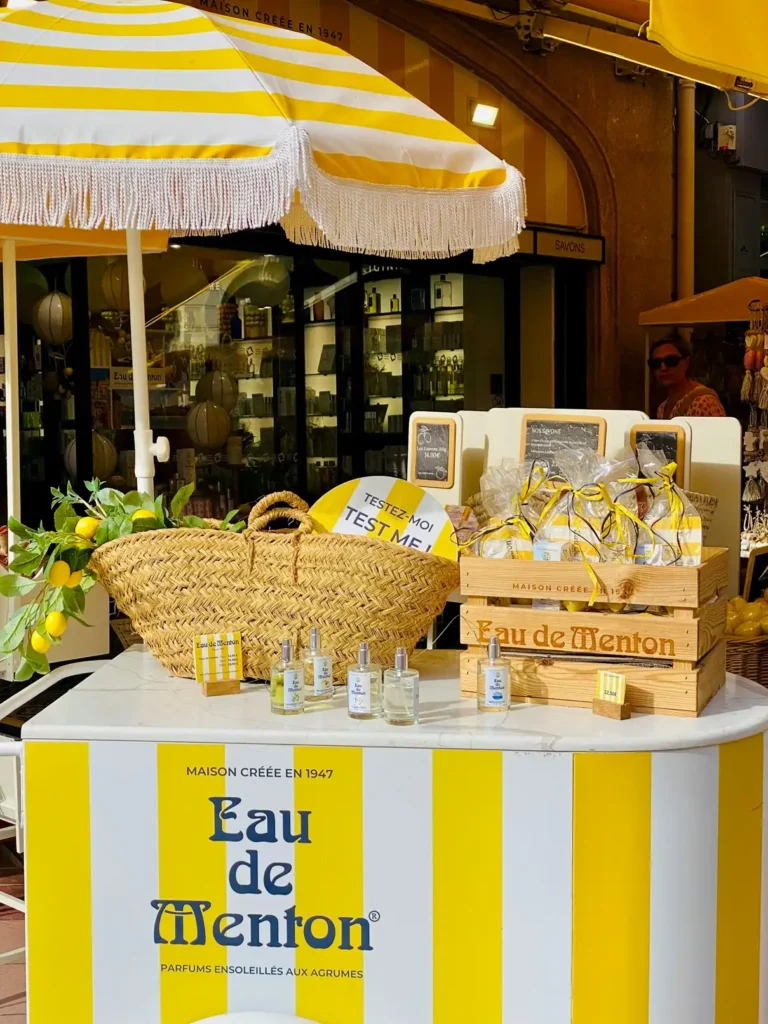 Artisan lemon products and preserves at Menton market in France