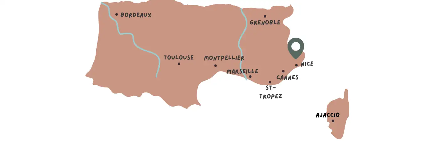 Stylized map of France highlighting Nice and key French Riviera cities