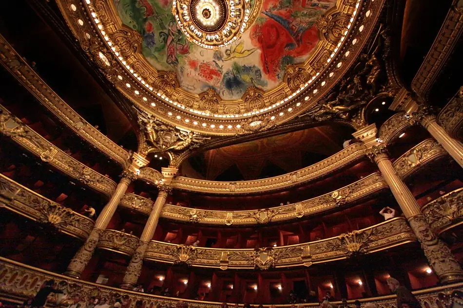 Gilded balconies and painted ceiling inside the Palais Garnier opera house in Paris.[memory:2]